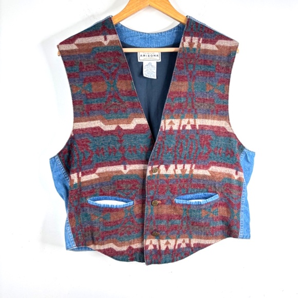 VTG 90s Arizona Jean Southwestern Denim Vest L Tapestry Western Aztec Boho Rodeo - Picture 8 of 8